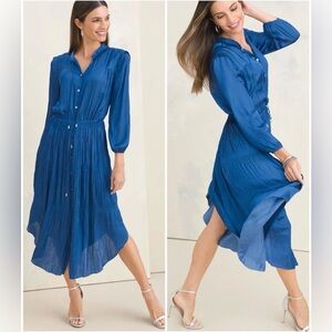 Chico's New Crinkle Textured Ruffle Soft Flowy Satin Midi Dress 14 L Teal Blue